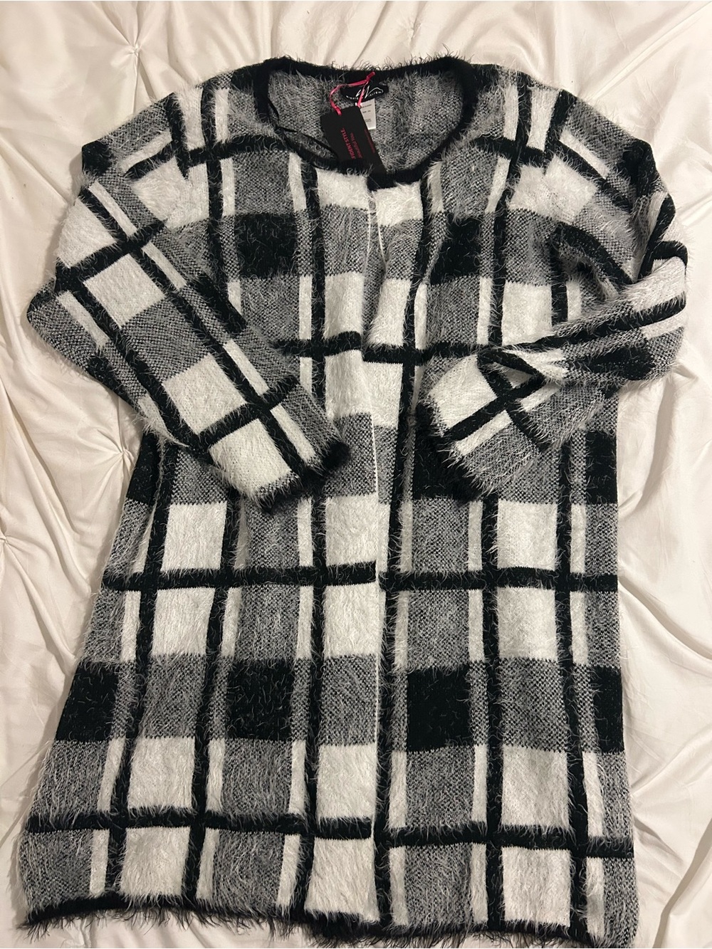 Midnight Velvet Black & White Plaid Fuzzy Open-Front Cardigan